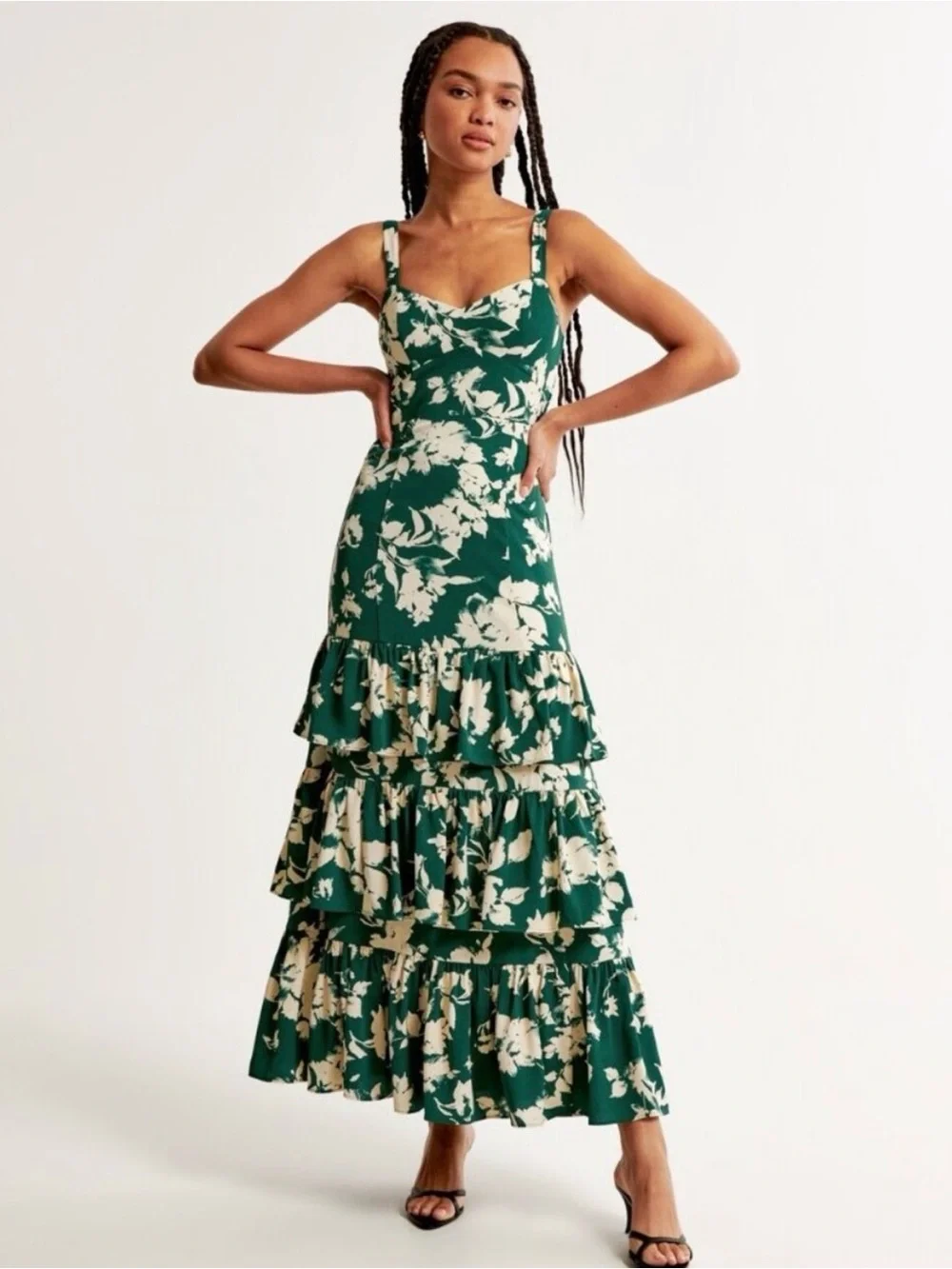 Abercrombie & Fitch Green and Cream Floral Tiered Maxi Dress
